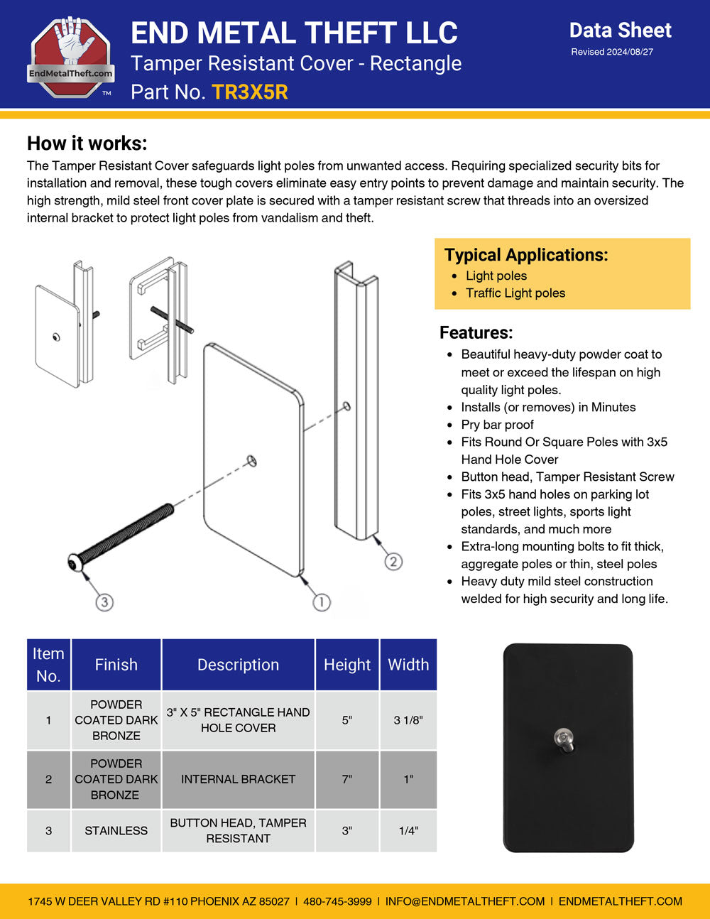 Tamper Resistant Hand Hole Cover - Rectangle (3x5)